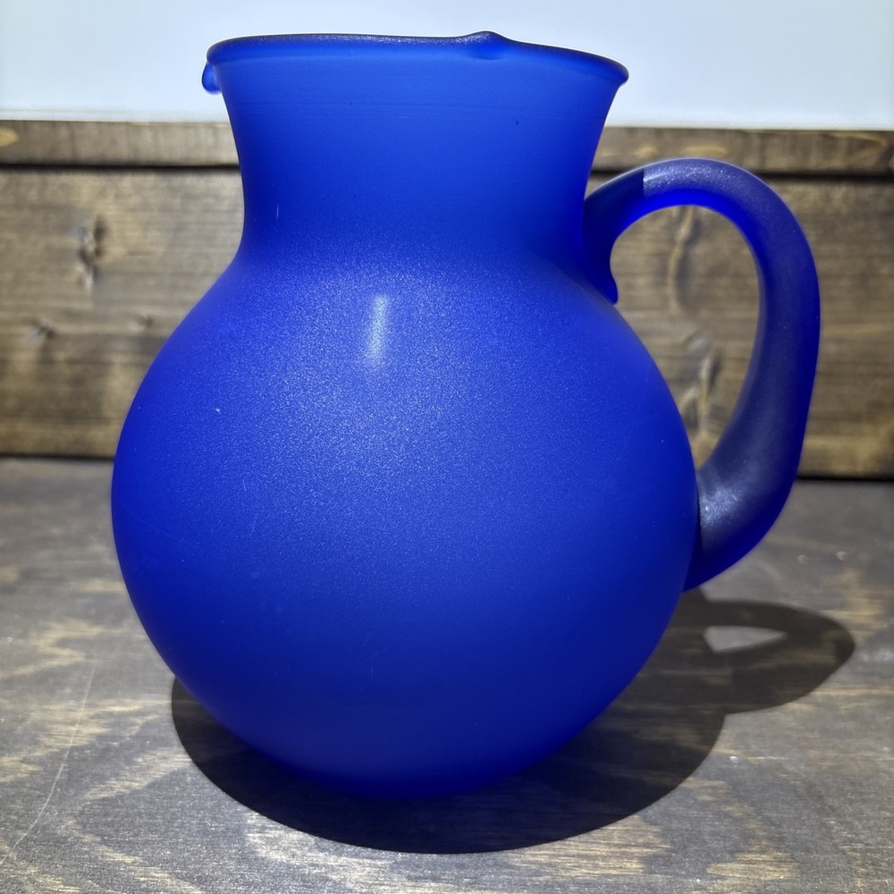 Vintage Hand Blown Satin Cobalt Blue Applied Handle 6.75" Pitcher